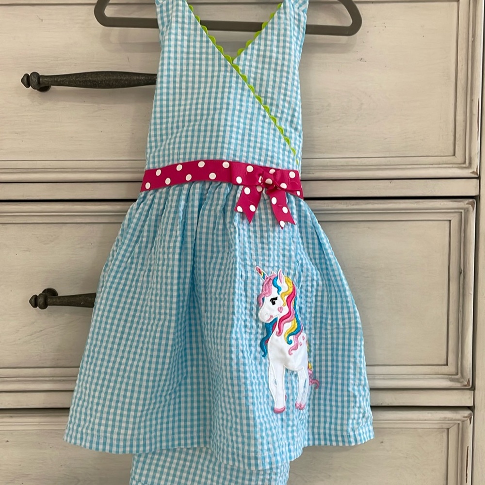 Emily Rose 2T unicorn halter dress. Blue/white checkered. Bright colors.